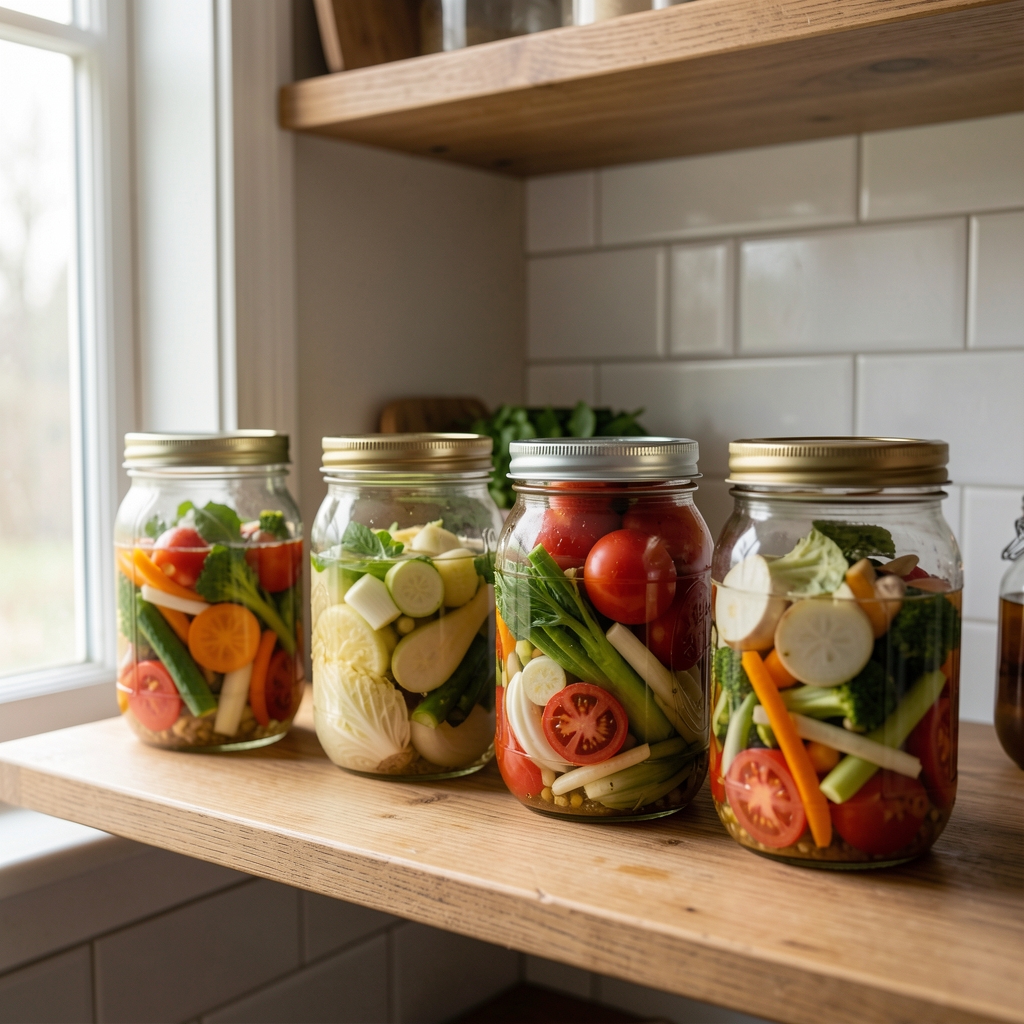 Open glass jars of fermented vegetables on a wooden kitchen shelf in warm ambient light