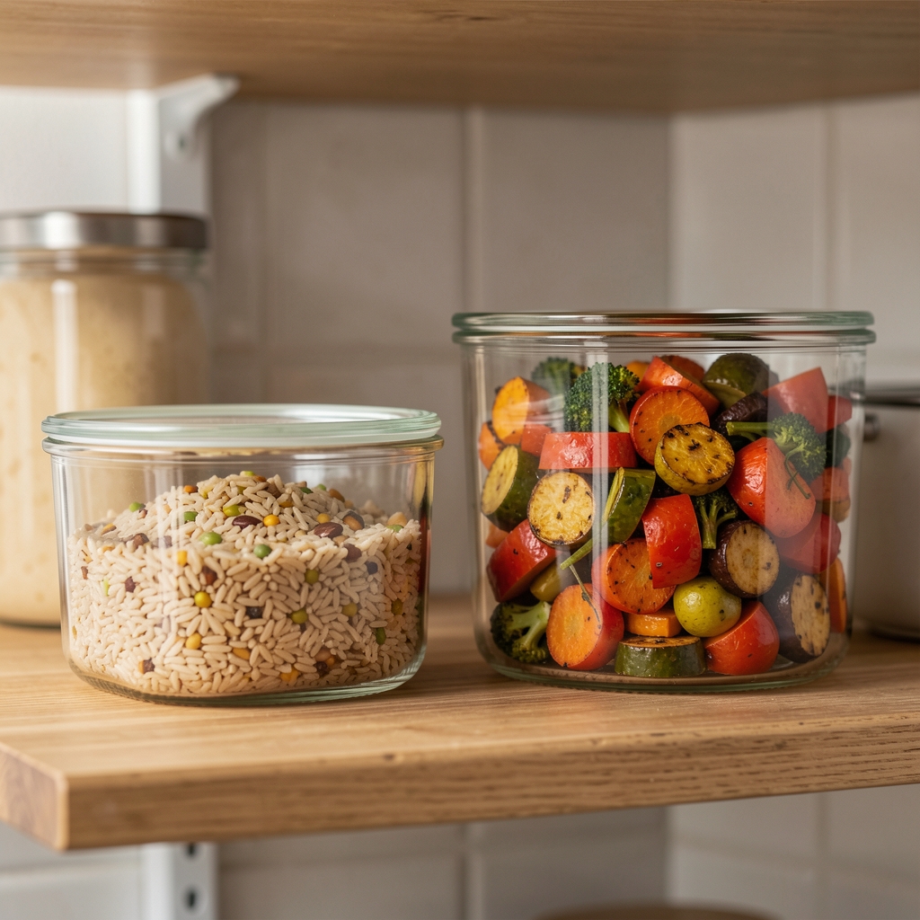 Glass storage containers with cooked grains and roasted vegetables ready for the week on a wooden kitchen shelf