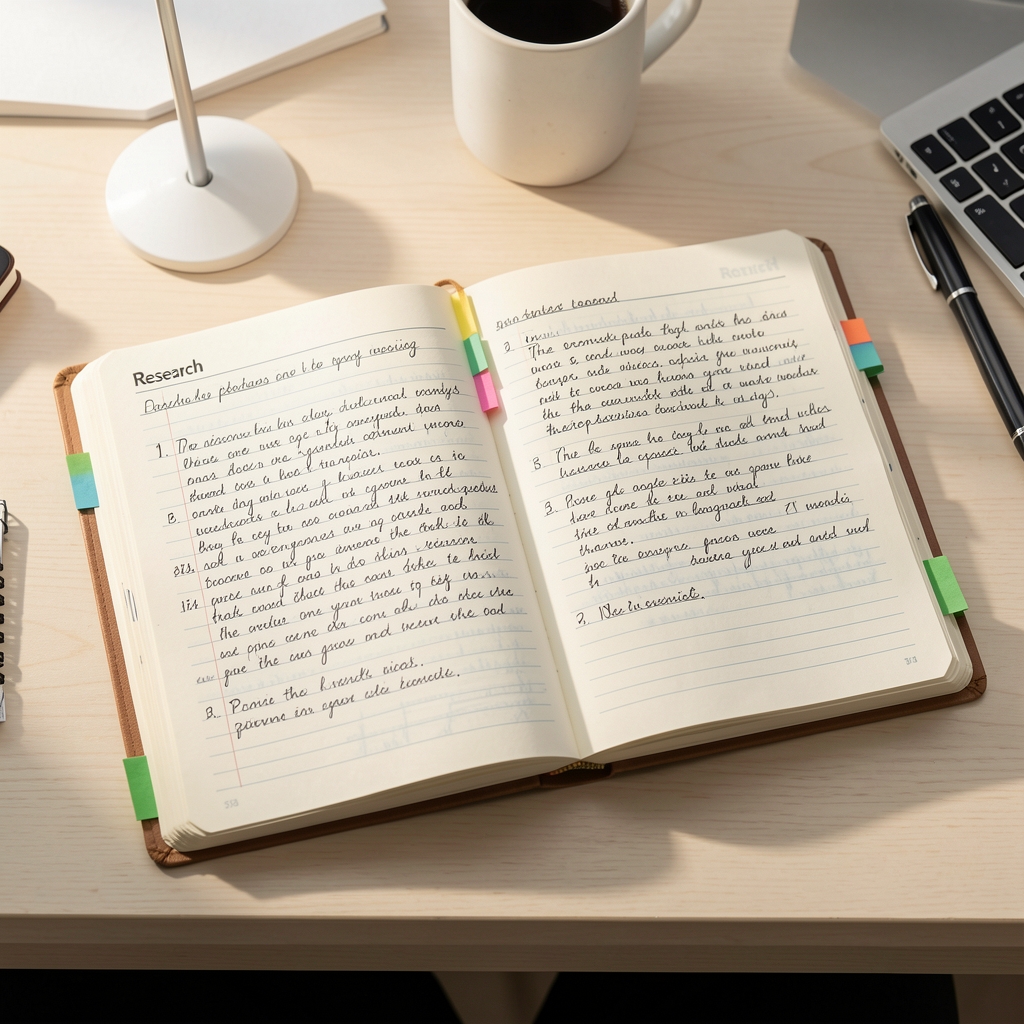 Open research notebooks with handwritten annotations and bookmarked pages on a pale wooden desk in morning light
