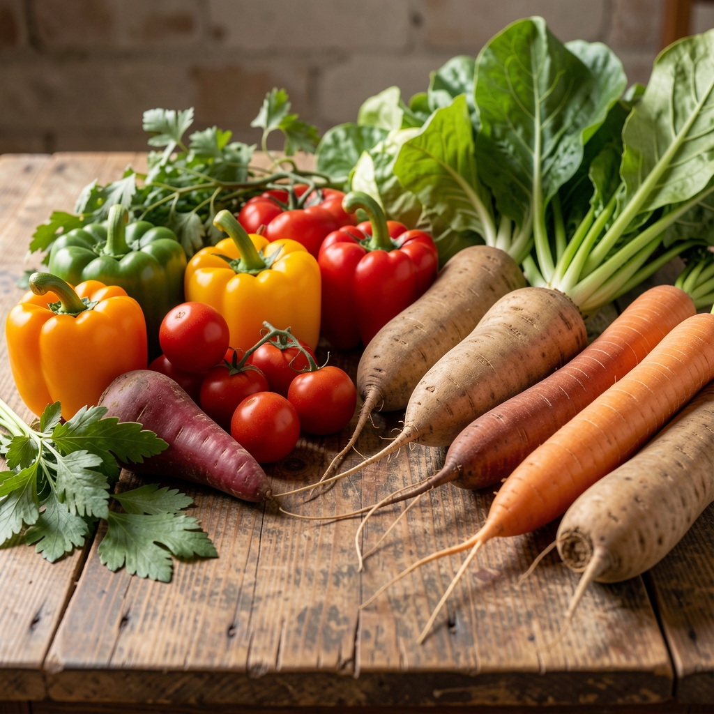 Seasonal produce laid out on a worn wooden table — colourful vegetables and root vegetables in natural daylight